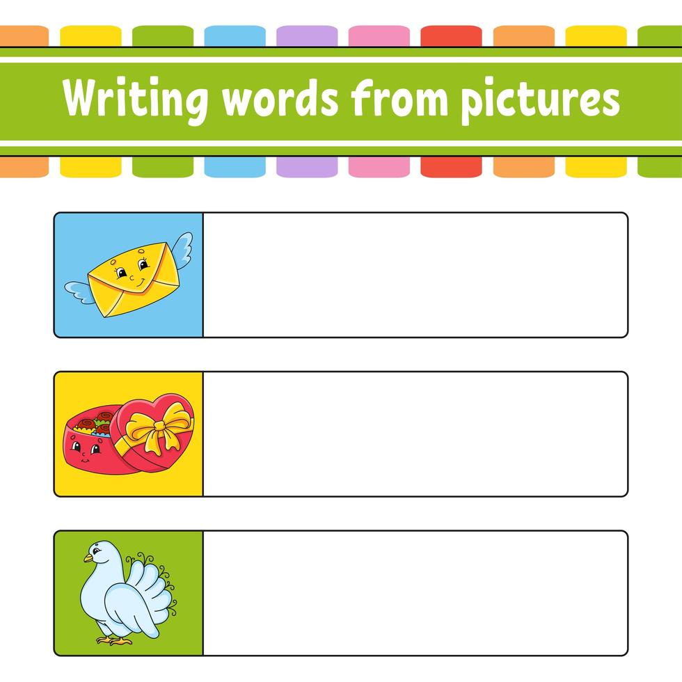 Writing words from pictures. Envelope, candy box, dove. Education developing worksheet. Activity page for kids. Puzzle for children. Isolated vector illustration. Cartoon characters.