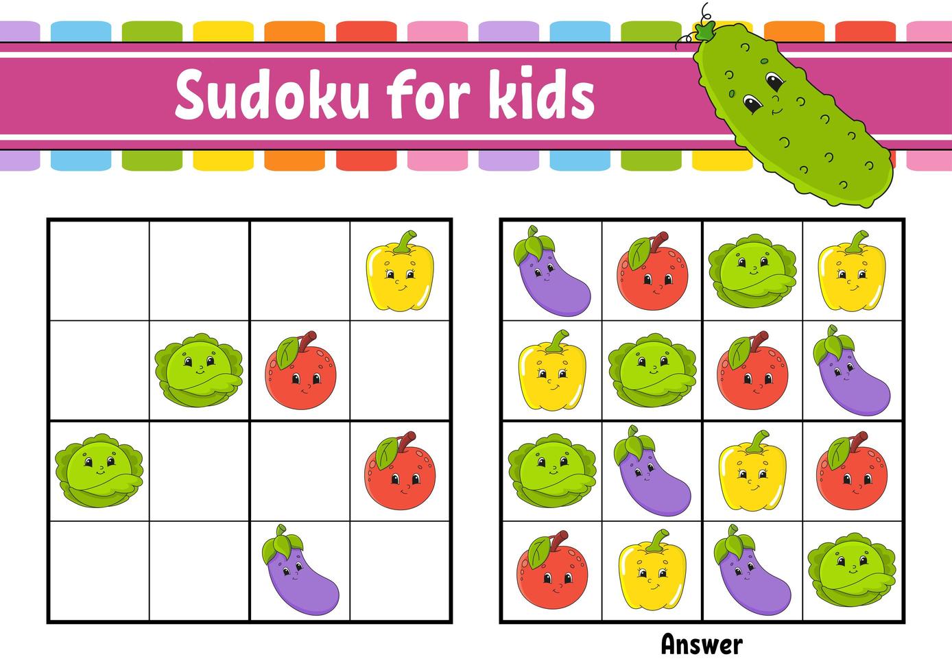 Sudoku for kids. Education developing worksheet. Vegetable, fruit. Cartoon character. Color activity page. Puzzle game for children. Logical thinking training. Isolated vector illustration.