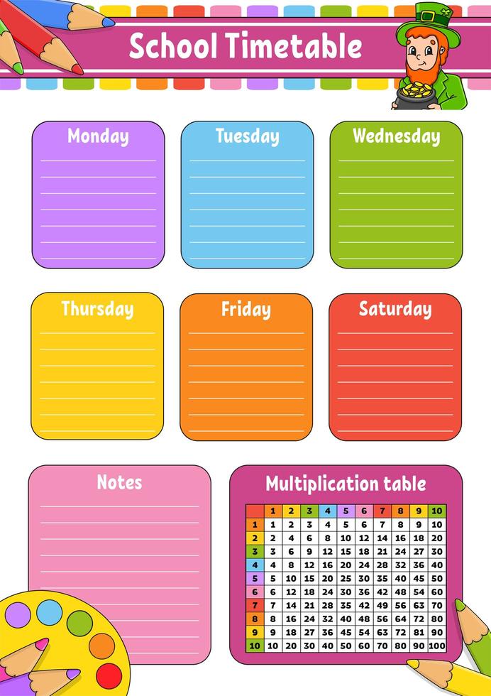 horario escolar con tabla de multiplicar. para la educación de los niños. Aislado en un fondo blanco. con un lindo personaje de dibujos animados. vector