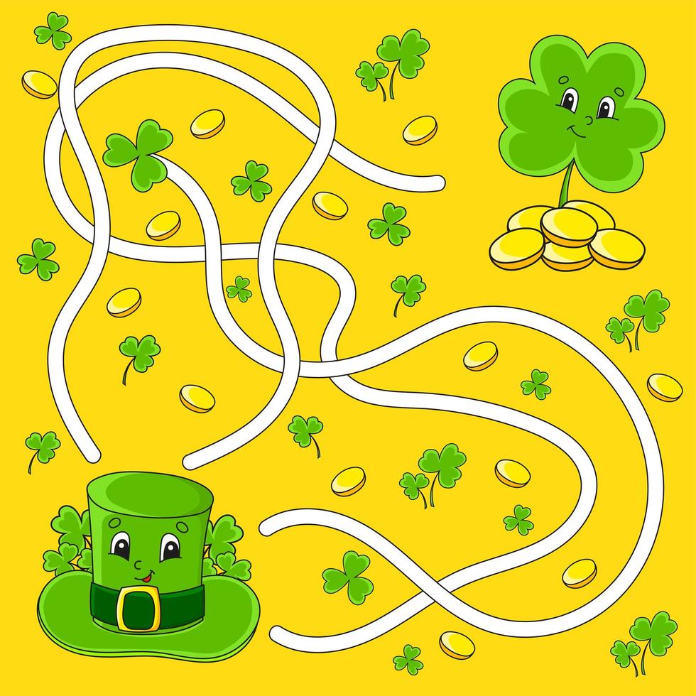 Funny maze for kids. Hat, clover. St. Patrick's day. Puzzle for children. Cartoon character. Labyrinth conundrum. Color vector illustration. Find the right path.