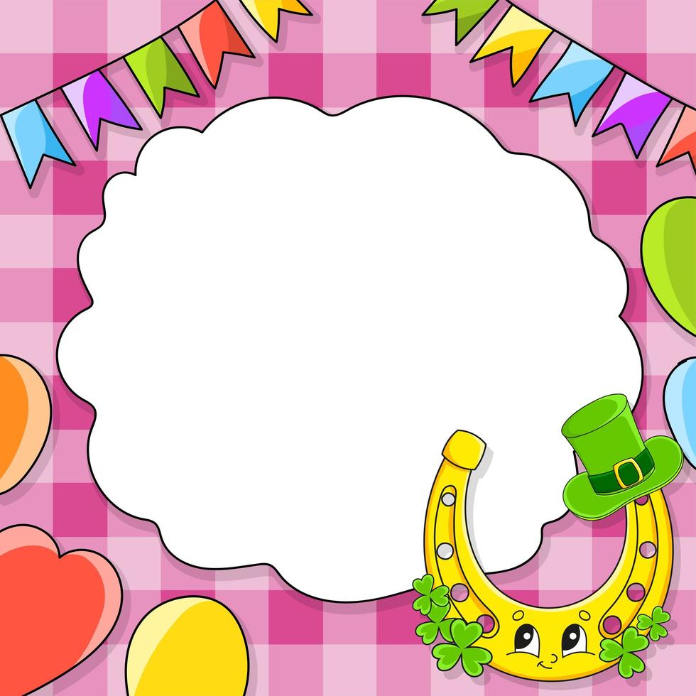 Festive color vector illustration with empty place for text. Cartoon character, balloons, garlands. For the design of greeting cards, birthdays, stickers. St. Patrick's day.