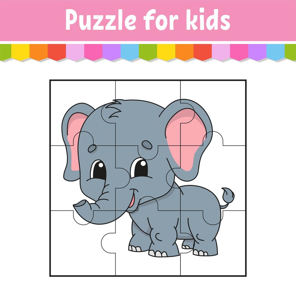 Puzzle game for kids. Gray elephant. Education worksheet. Color activity page. Riddle for preschool. Isolated vector illustration. Cartoon style.