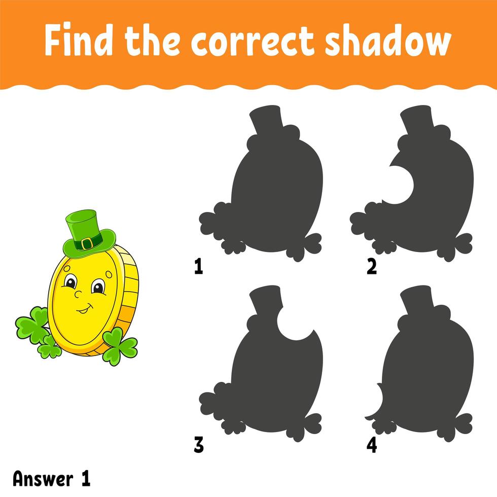 Find the correct shadow. Education developing worksheet. Matching game for kids. Activity page. Puzzle for children. Cartoon character. Isolated vector illustration. St. Patrick's day.