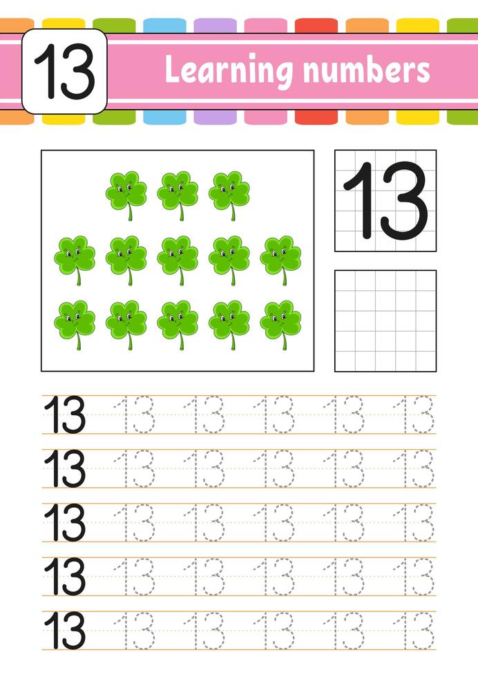 Trace and write numbers. Handwriting practice. Learning numbers for kids. Education developing worksheet. Activity page. Game for toddlers. Isolated vector illustration in cute cartoon style.