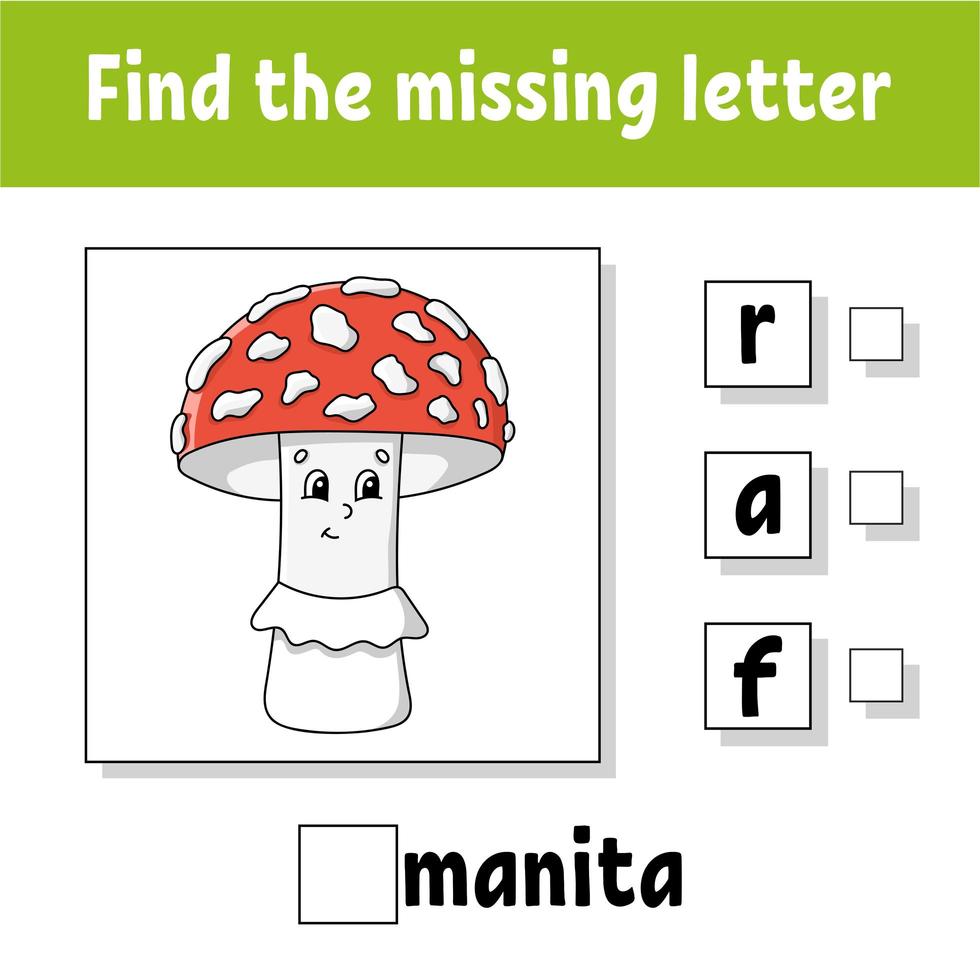 Find the missing letter. Education developing worksheet for kids. Activity page. Cartoon character. Autumn theme. vector