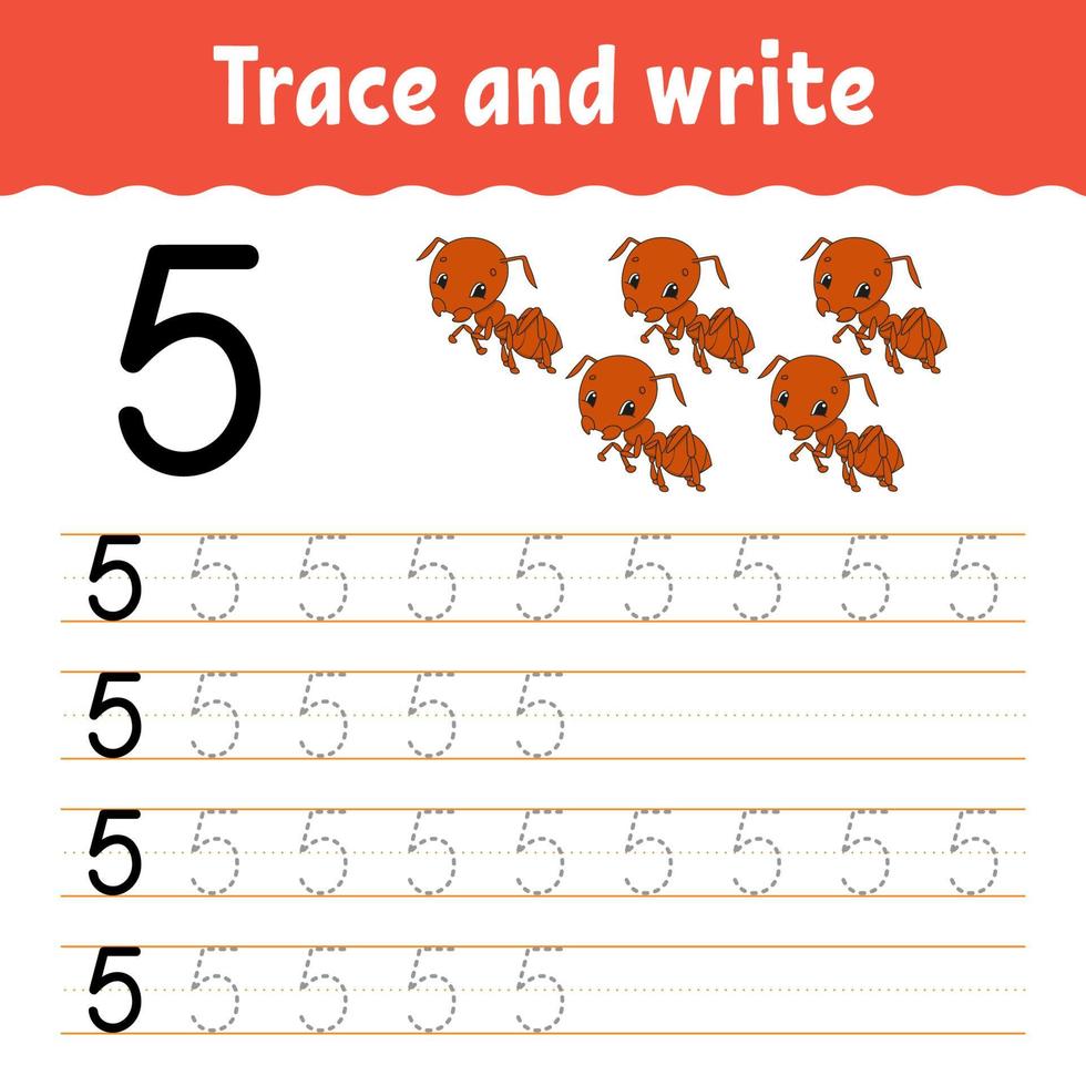 Trace and write. Handwriting practice. Learning numbers for kids. Education developing worksheet. Color activity page. Isolated vector illustration in cute cartoon style.