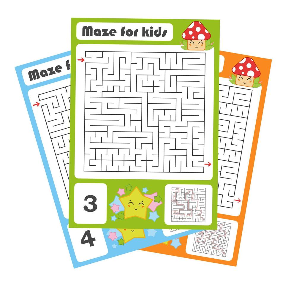 Square maze. Game for kids. Puzzle for children. Labyrinth conundrum. Color vector illustration. Find the right path. The development of logical and spatial thinking.