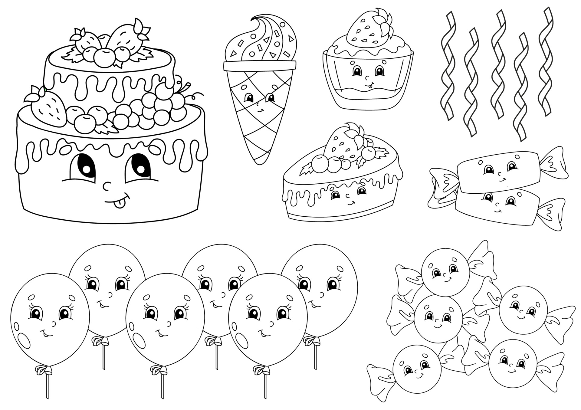 Coloring book for kids. Happy birthday theme. Cheerful ...