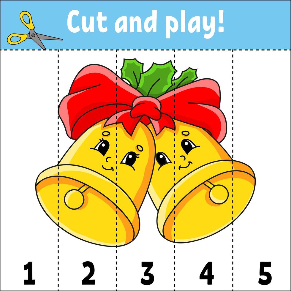 Learning numbers 1-5. Cut and play. Christmas bells. Education worksheet. Game for kids. Color activity page. Puzzle for children. Riddle for preschool. Vector illustration. Cartoon style.