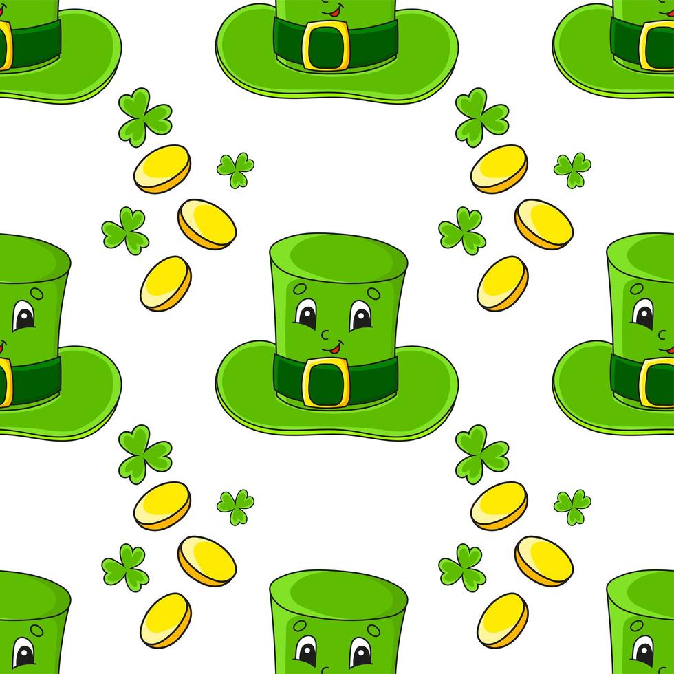 Color seamless pattern. Leprechaun hat. St. Patrick's Day. Cartoon style. Hand drawn. Vector illustration isolated on white background.