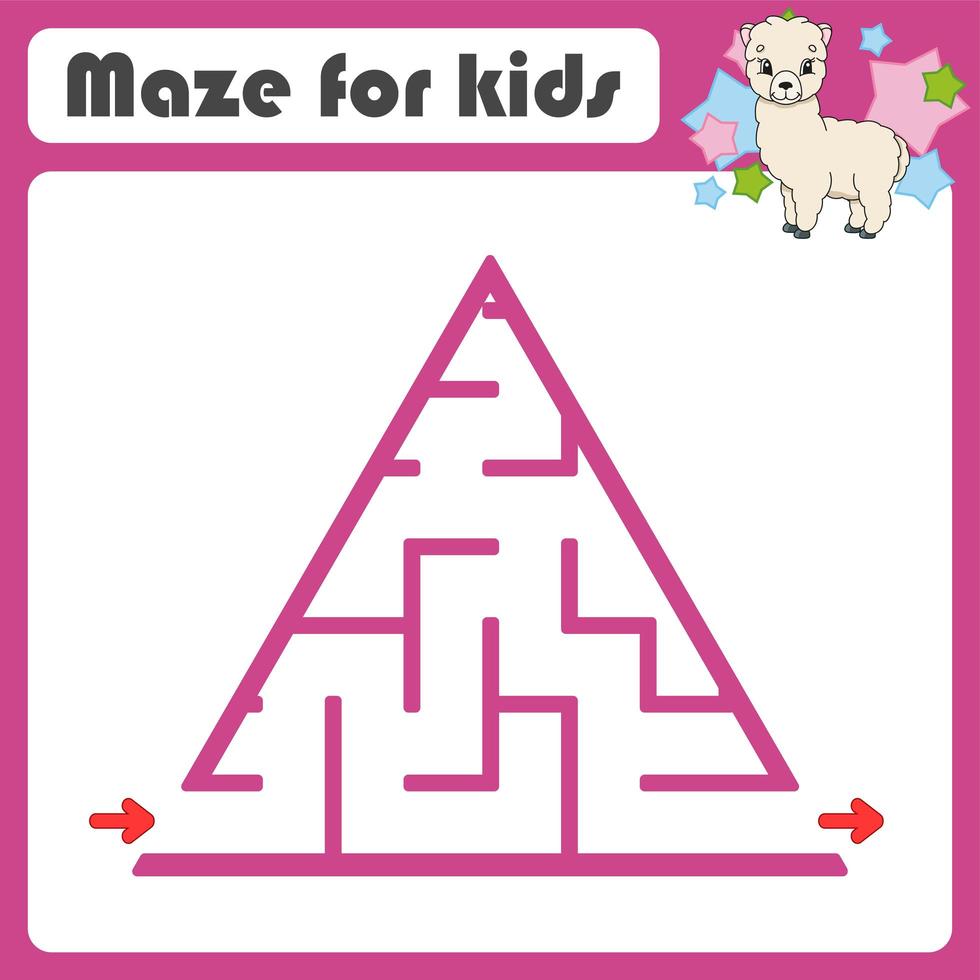 Square maze. Game for kids. Animal alpaca. Puzzle for children. Cartoon style. Labyrinth conundrum. Color vector illustration. Find the right path. The development of logical and spatial thinking.