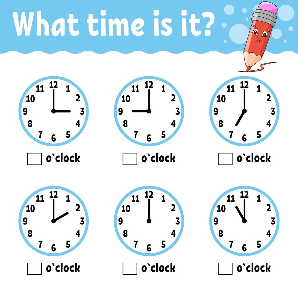 Learning time on the clock. Educational activity worksheet for kids and toddlers. Game for children. Simple flat isolated color vector illustration in cute cartoon style.