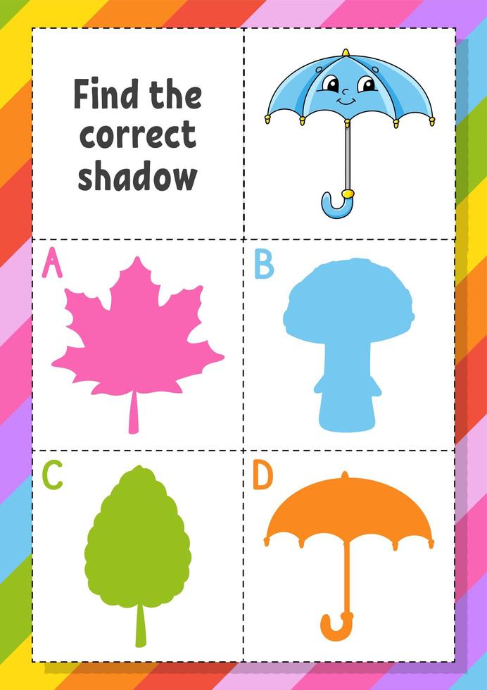Find the correct shadow. Education developing worksheet for kids. Puzzle game. Activity page. Cartoon character. Autumn theme. vector