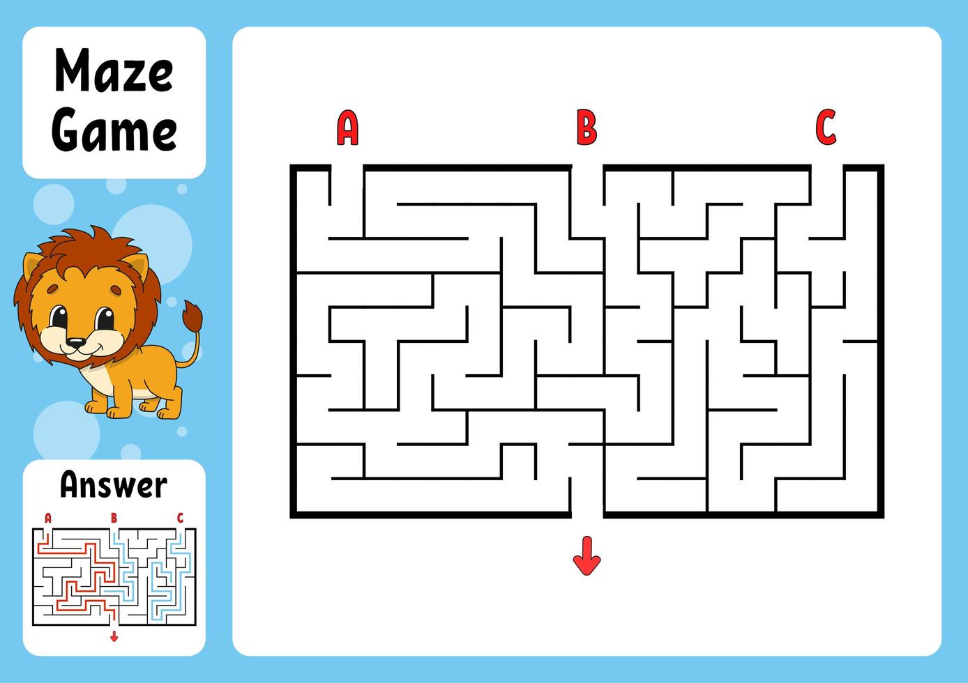 Rectangle maze. Game for kids. Three entrances, one exit. Puzzle for children. Labyrinth conundrum. Color vector illustration. Find the right path. With answer. Cartoon character. Education worksheet.