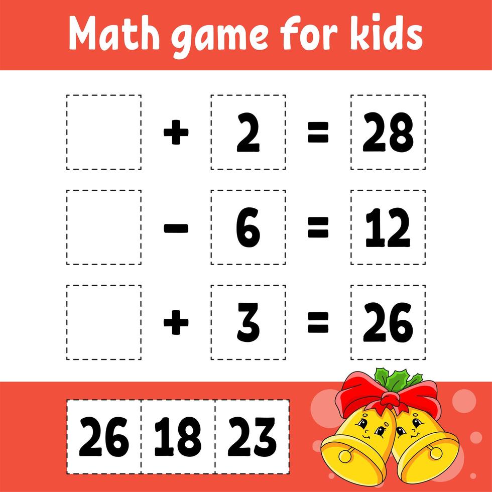 Math game for kids. Christmas theme. Education developing worksheet. Activity page with pictures. Game for children. Color isolated vector illustration. Funny character. Cartoon style.