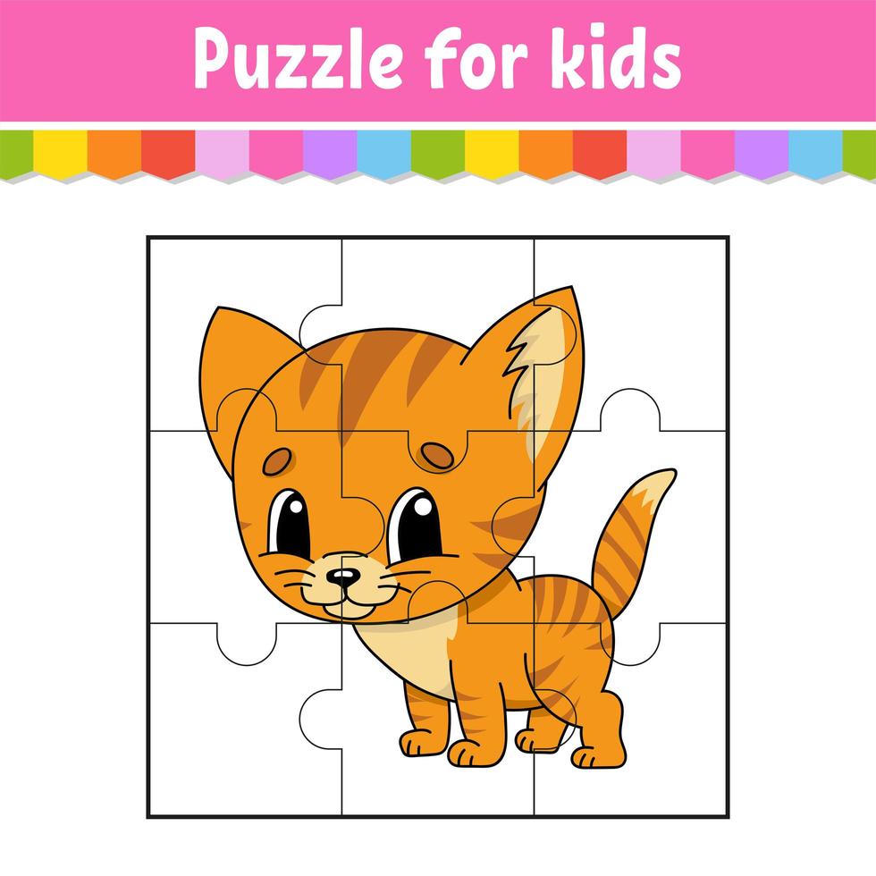 Puzzle game for kids. Jigsaw pieces. Color worksheet. Activity page.Isolated vector illustration. Cartoon style.