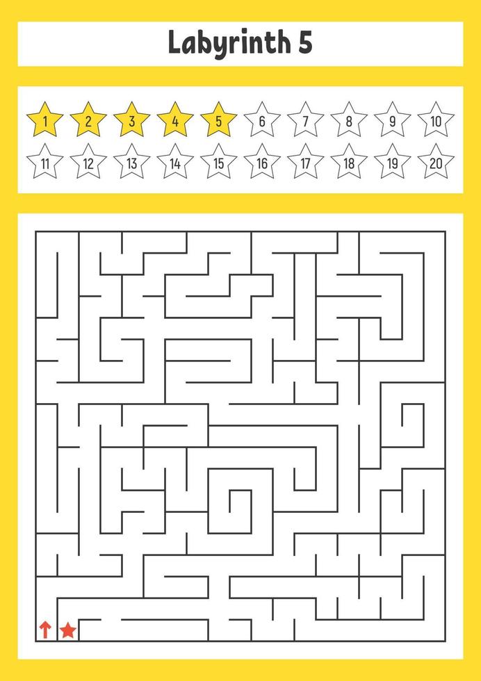 Square maze. Game for kids. Puzzle for children. Labyrinth conundrum. Color vector illustration. Find the right path. The development of logical and spatial thinking.