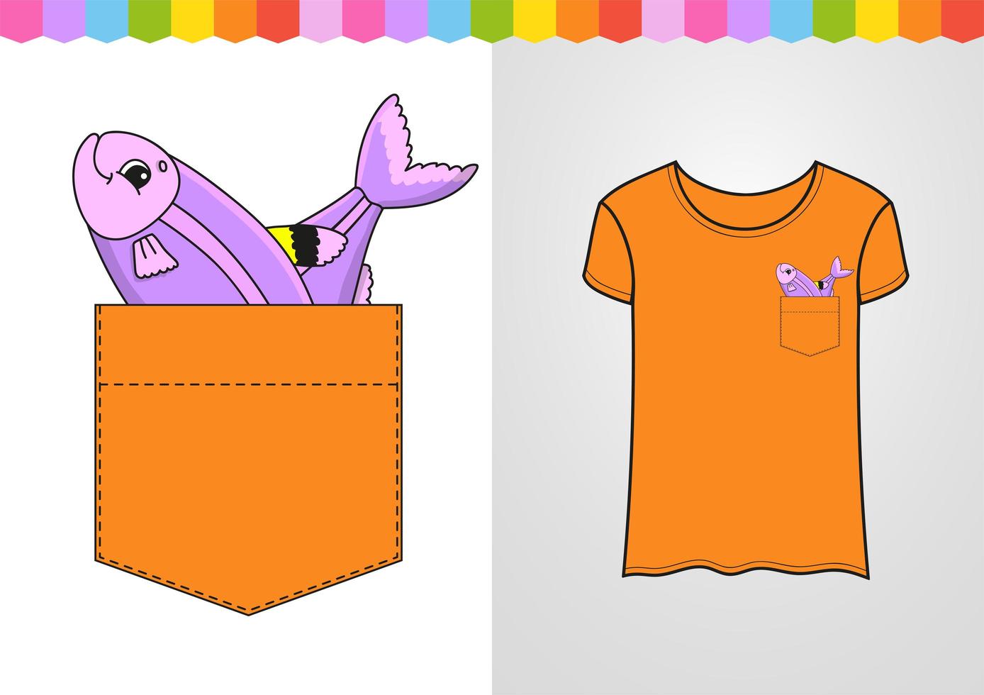 Cute character in shirt pocket. Fish. Colorful vector illustration. Cartoon style. Isolated on white background. Design element.