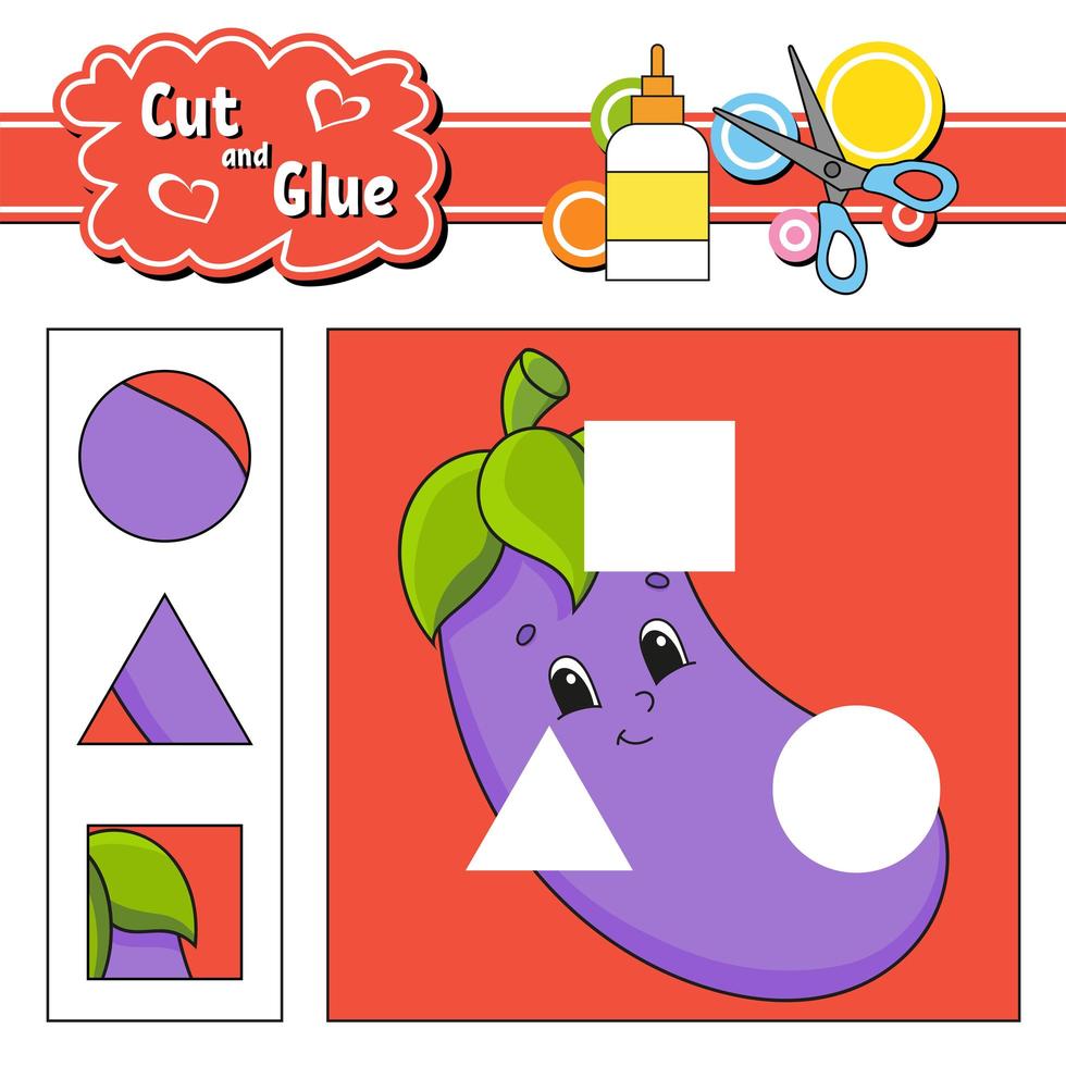 Cut and glue. Game for kids. Education developing worksheet. Cartoon eggplant character. Color activity page. Hand drawn. Isolated vector illustration.