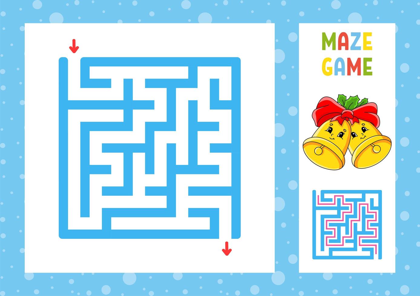 Square maze. Game for kids. Puzzle for children. Christmas theme. Happy character. Labyrinth conundrum. Color vector illustration. Find the right path. With answer. Isolated vector illustration.