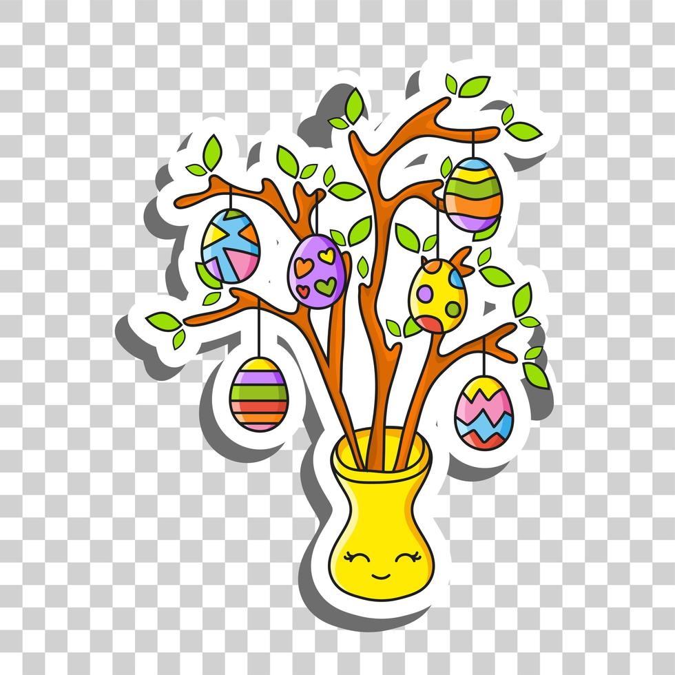 personaje de dibujos animados lindo. árbol de huevos de pascua. pegatina con contorno. ilustración vectorial colorida. aislado sobre fondo transparente. elemento de diseño vector