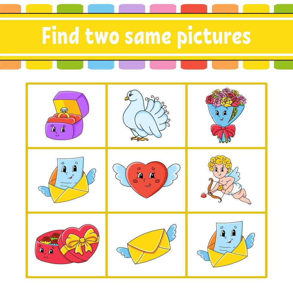 Find two same pictures. Task for kids. Education developing worksheet. Activity page. Color game for children. Funny character. Isolated vector illustration. Cartoon style. Valentine's Day.