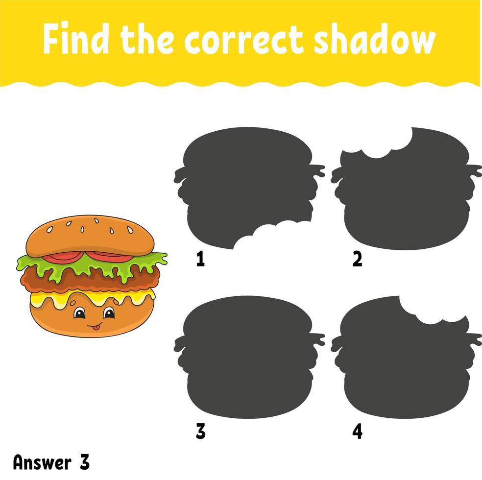 Find the correct shadow. Education developing worksheet. Matching game for kids. Activity page. Puzzle for children. Cartoon character. Isolated vector illustration.