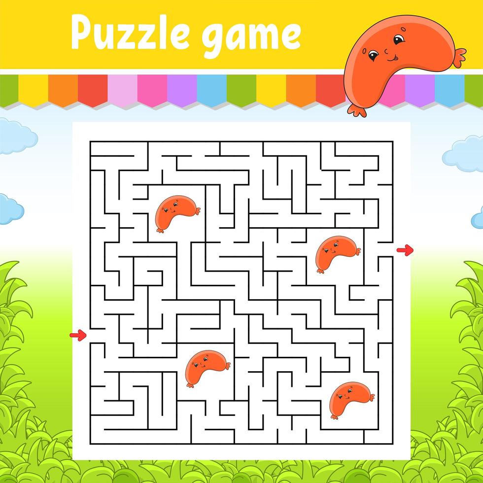 Square maze. Game for kids. Puzzle for children. Labyrinth conundrum. Color vector illustration. Find the right path. Isolated vector illustration. Cartoon character.
