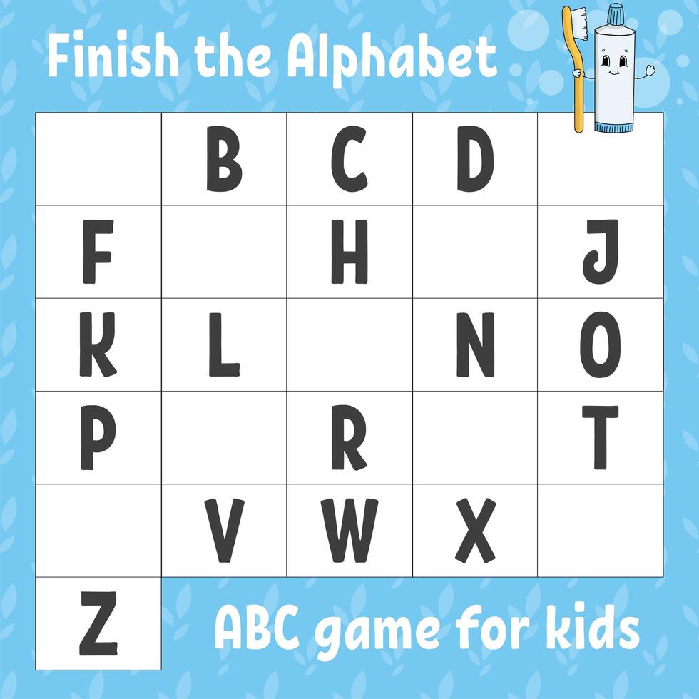 Finish the alphabet. ABC game for kids. Education developing worksheet. Learning game for kids. Color activity page. vector