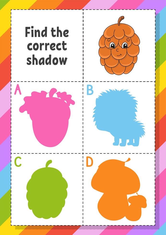 Find the correct shadow. Education developing worksheet for kids. Puzzle game. Activity page. Cartoon character. Autumn theme. vector