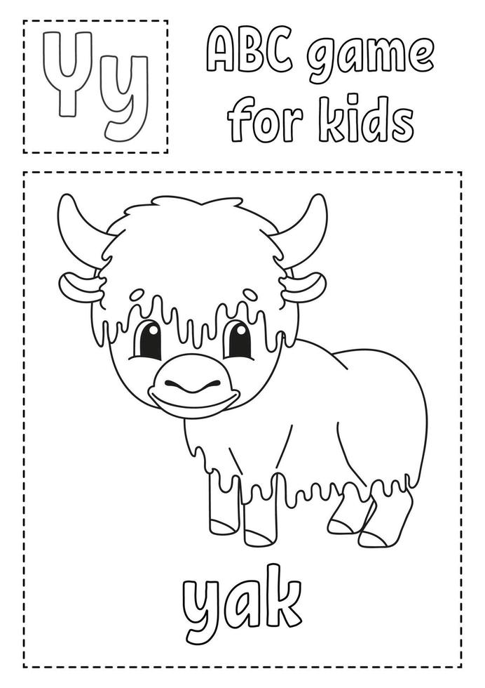 Letter Y is for yak. ABC game for kids. Alphabet coloring page. Cartoon character. Word and letter. Vector illustration.