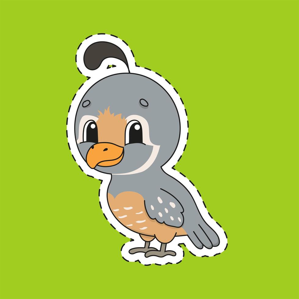 Sticker with contour. Quail bird. Cartoon character. Colorful vector illustration. Isolated on color background. Template for your design.