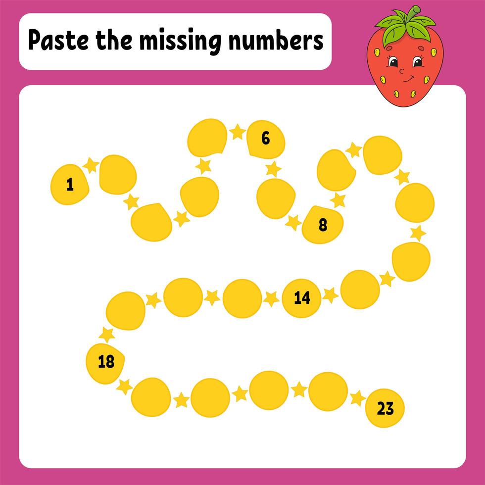 Paste the missing numbers. Handwriting practice. Learning numbers for kids. Education developing worksheet. Activity page. Game for children. Isolated vector illustration in cute cartoon style.