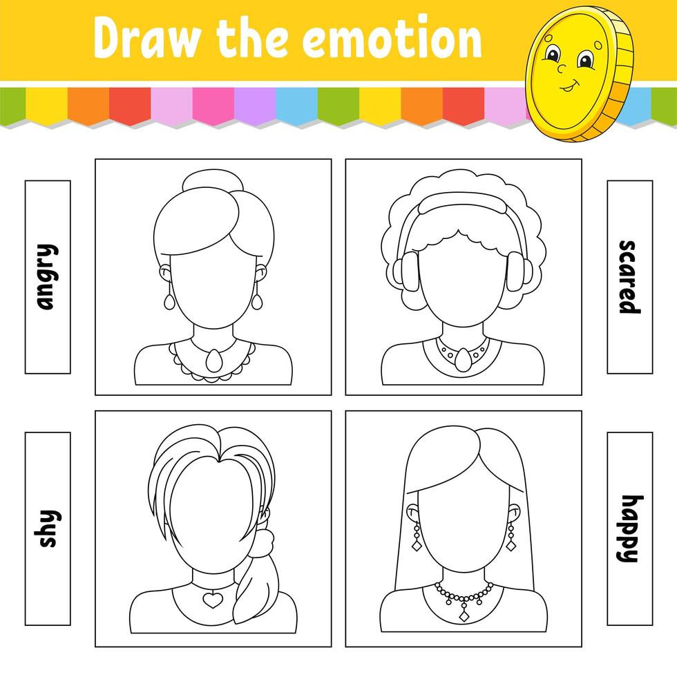 Draw the emotion. Worksheet complete the face. Coloring book for kids. Cheerful character. Vector illustration. Black contour silhouette. Isolated on white background.