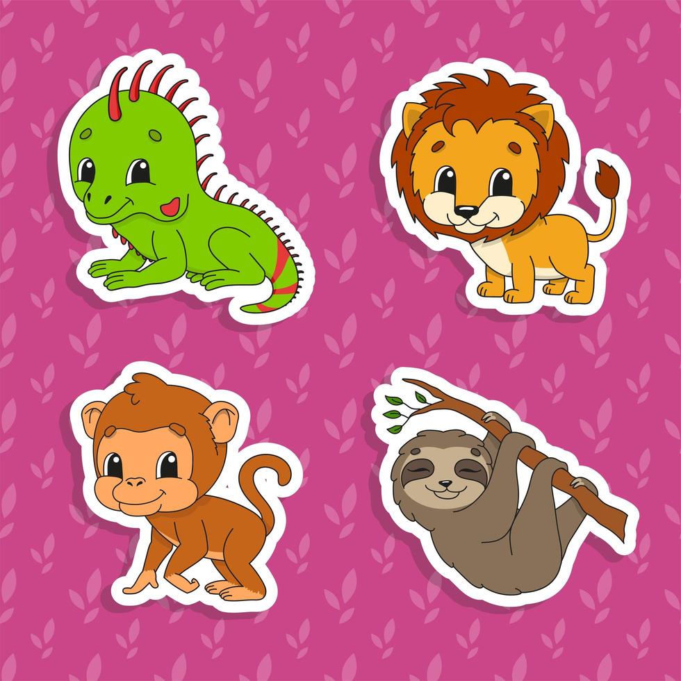 Set of bright color stickers. Orange lion. Brown monkey. Green iguana. Brown sloth. Cute cartoon characters. Vector illustration isolated on color background. Wild animals.