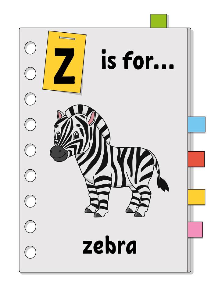 z es de cebra. juego de abc para niños. palabra y letra. aprender palabras para estudiar inglés. personaje animado. ilustración vectorial de color. lindo animal. vector