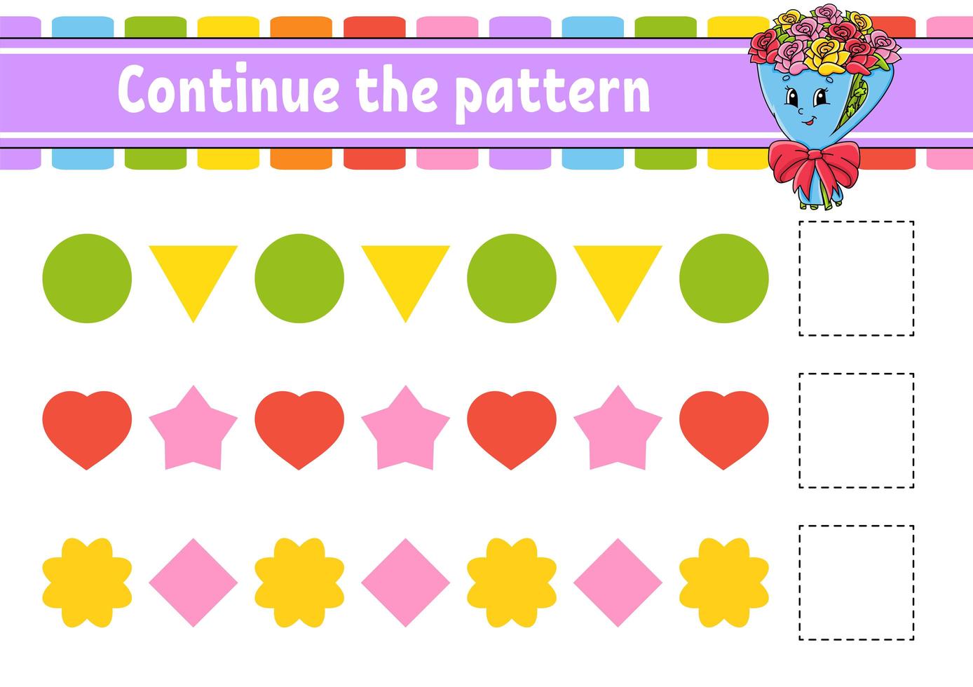 Continue the pattern. Education developing worksheet. Game for kids. Activity page. Puzzle for children. Riddle for preschool. Flat isolated vector illustration. Cute cartoon style.