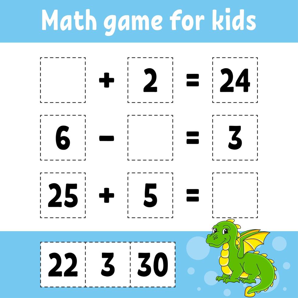 juego de matemáticas para niños. hoja de trabajo de desarrollo educativo. página de actividades con imágenes. juego para niños. Ilustración de vector aislado de color. personaje divertido. estilo de dibujos animados.