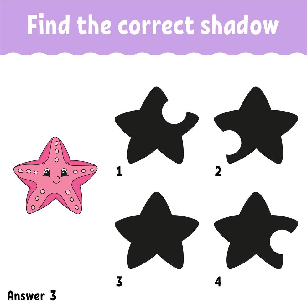 Find the correct shadow starfish. Education developing worksheet. Matching game for kids. Activity page. Puzzle for children. Cartoon character. Isolated vector illustration.