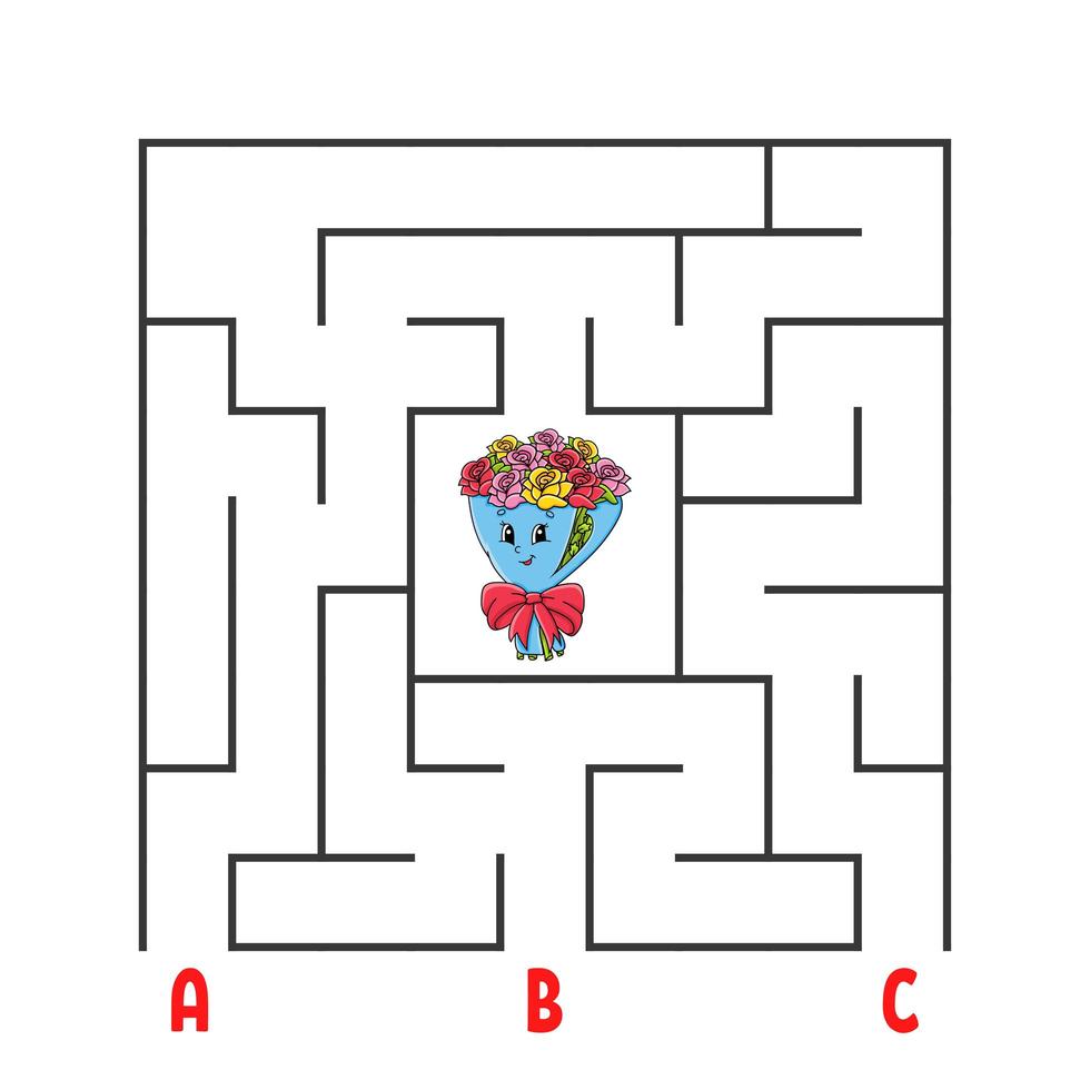 Square maze. Game for kids. Puzzle for children. Cartoon character bouquet. Labyrinth conundrum. Color vector illustration. Find the right path. The development of logical and spatial thinking.