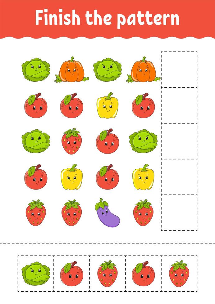 Finish the pattern. Cut and play. Fruits and vegetables. Education developing worksheet. Activity page.Cartoon character. vector