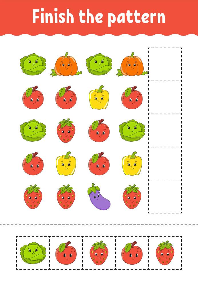 Finish the pattern. Cut and play. Fruits and vegetables. Education developing worksheet. Activity page.Cartoon character. vector