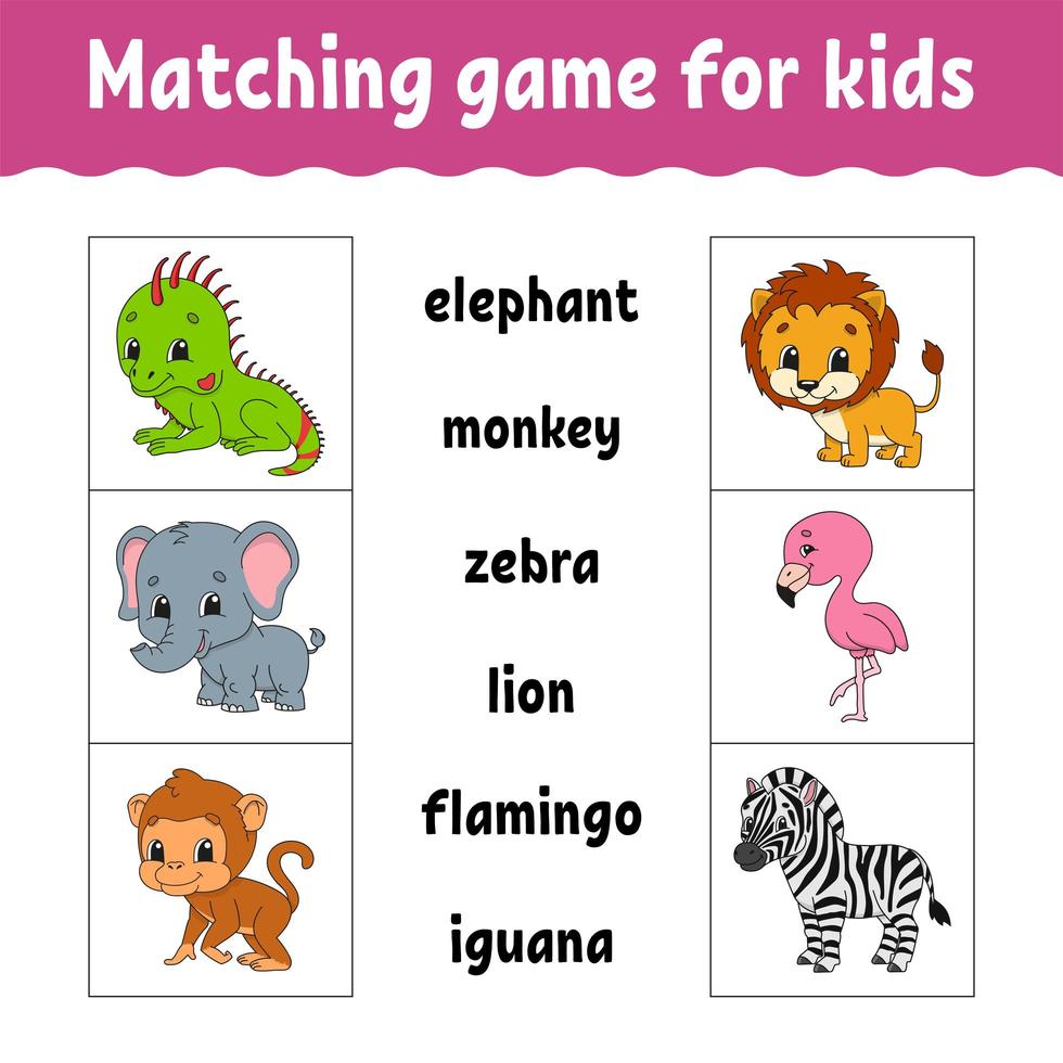 Matching game for kids. Find the correct answer. Draw a line. Learning words. Activity worksheet. Cartoon character. Cute animal. vector