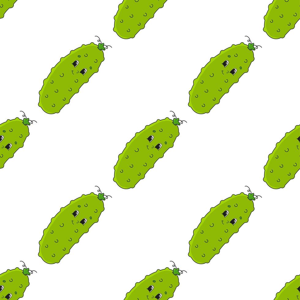 Happy cucumber. Colored seamless pattern with cute cartoon character. Simple flat vector illustration isolated on white background. Design wallpaper, fabric, wrapping paper, covers, websites.