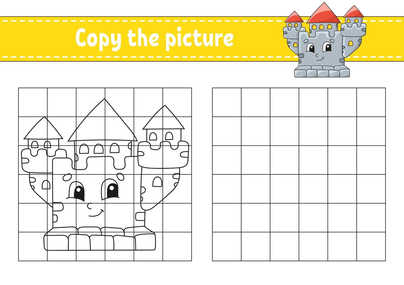 Copy the picture. Coloring book pages for kids. Education developing worksheet. Game for children. Handwriting practice. Cartoon character. vector