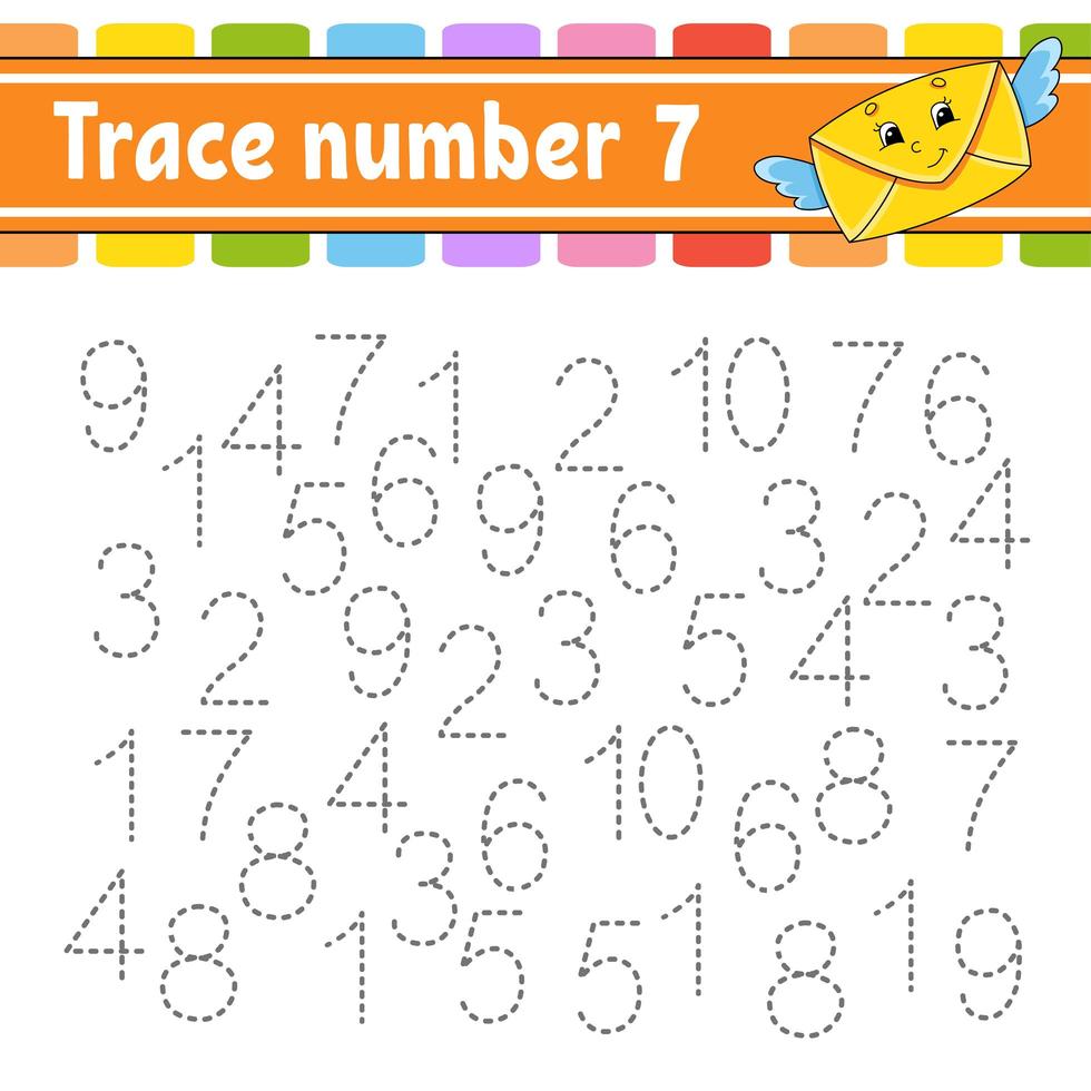 Trace number. Handwriting practice. Learning numbers for kids. Education developing worksheet. Activity page. Game for toddlers and preschoolers. Isolated vector illustration in cute cartoon style.