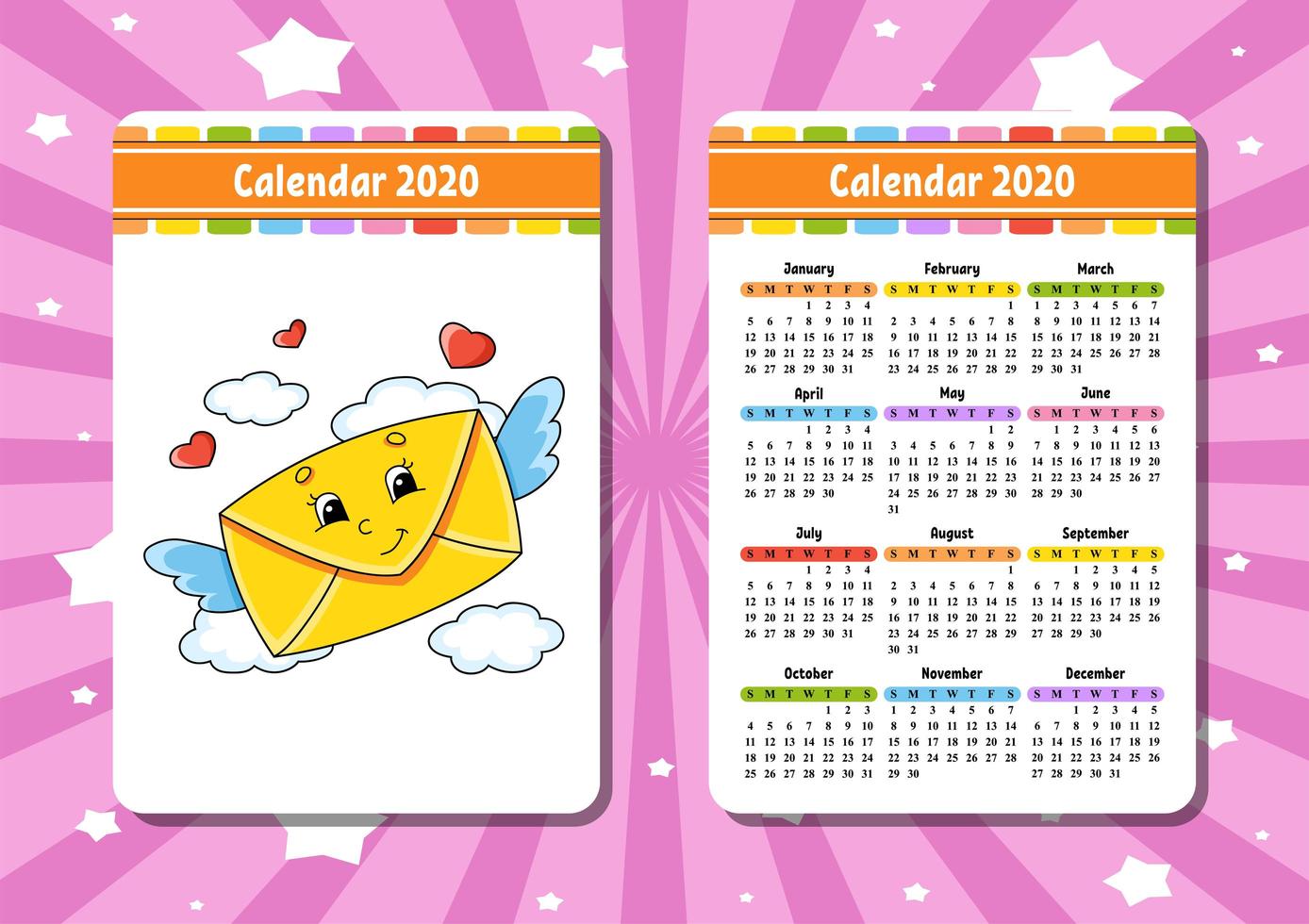 Calendar for 2020 with a cute character. Pocket size. Fun and bright design. Isolated vector illustration. Cartoon style.