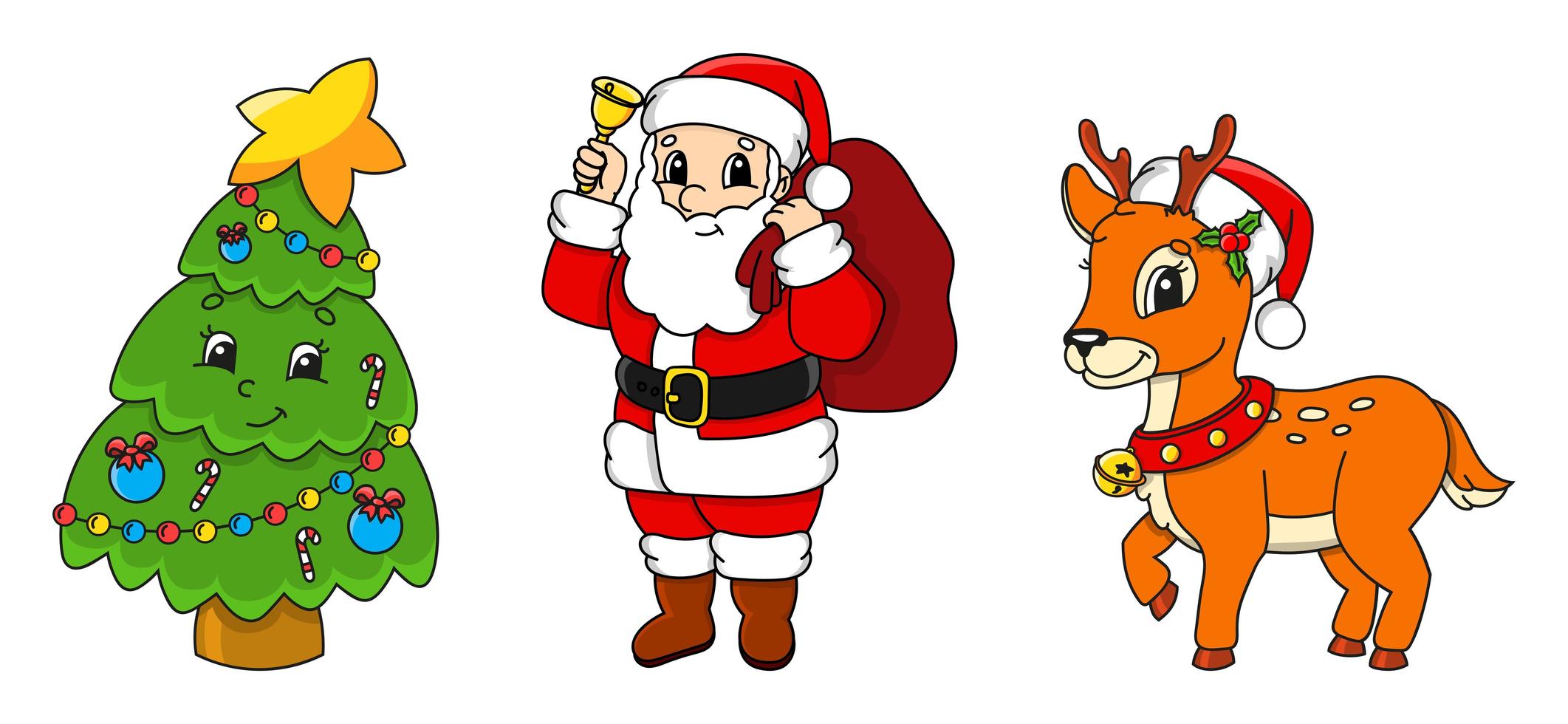 conjunto de personajes de dibujos animados. árbol de navidad de cuento de  hadas, santa claus con