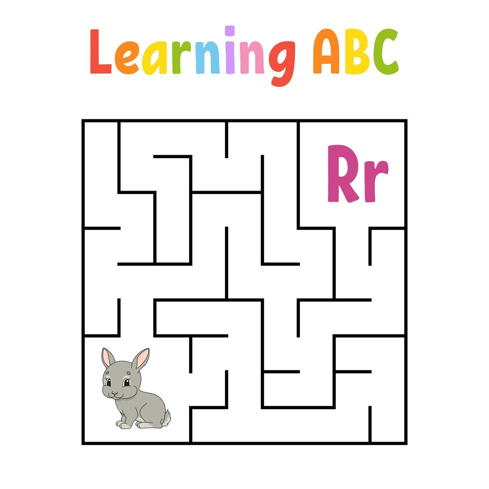 Square maze. Game for kids. Rabbit bunny animal. Quadrate labyrinth. Education worksheet. Activity page. Learning English alphabet. Cartoon style. Find the right way. Color vector illustration.