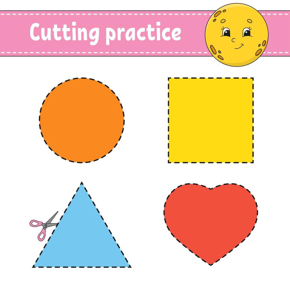 Cutting practice for kids. Education developing worksheet. Activity page with pictures. Color game for children. Isolated vector illustration. Funny character. Cartoon style.